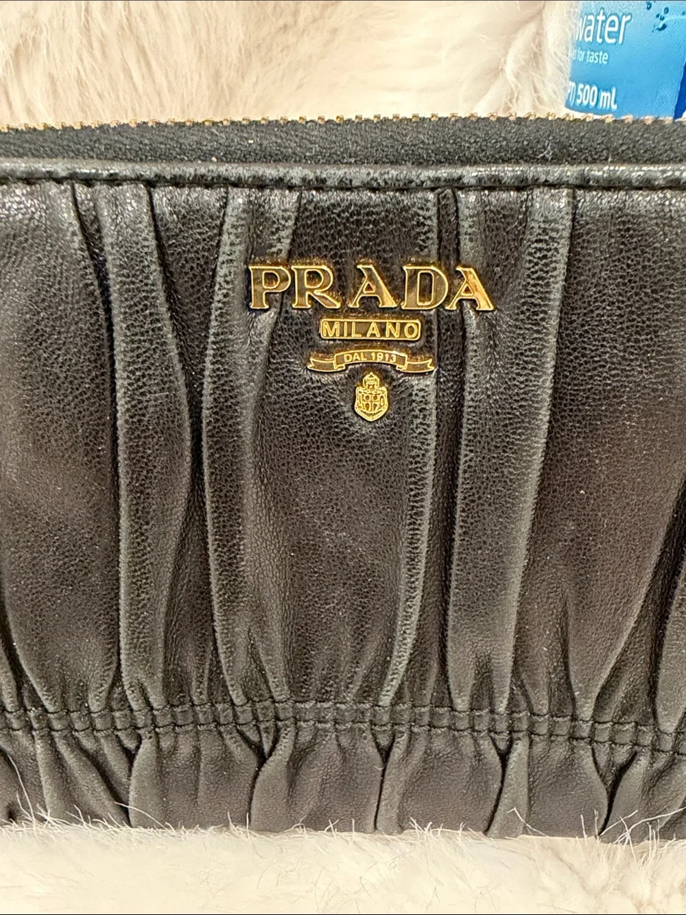 Prada Black Gathered Leather Zip-Around Wallet with Gold Logo